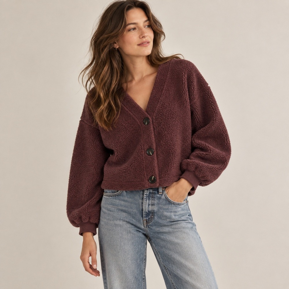 Madwell Cardigan Women S Burgundy Cropped Oversized Fleece Fall Cozy Layer